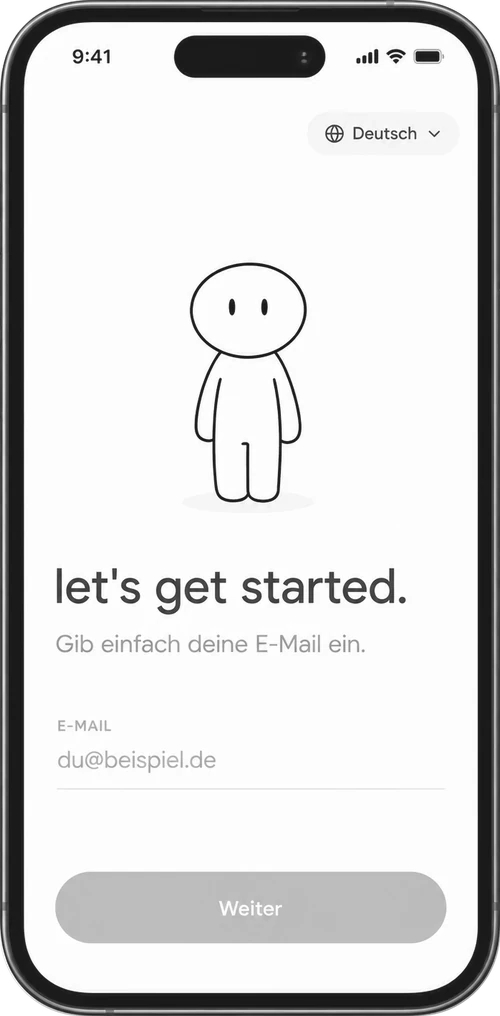 Screen 'let's get started' with an e-mail field.