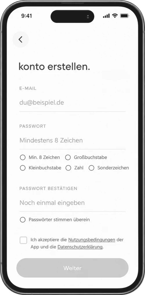 Account creation with e-mail, password rules and consent to terms and privacy policy.
