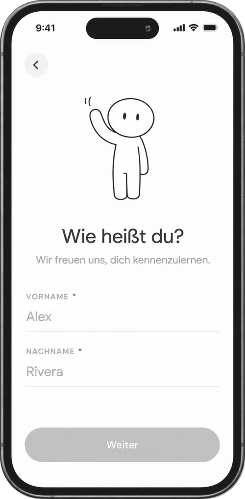 Screen 'Wie heißt du?' with first and last name fields.