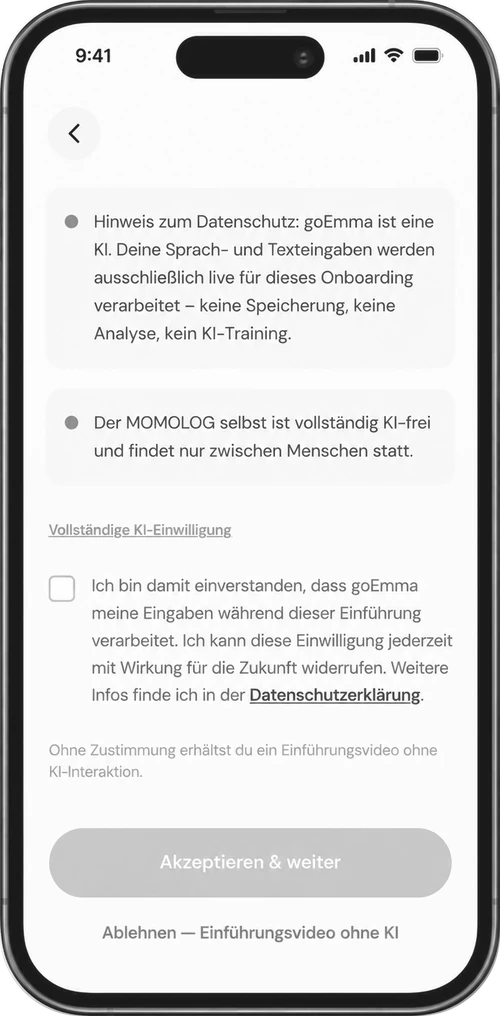 Consent screen for the AI onboarding guide goEmma; the MOMOLOG itself is AI-free.