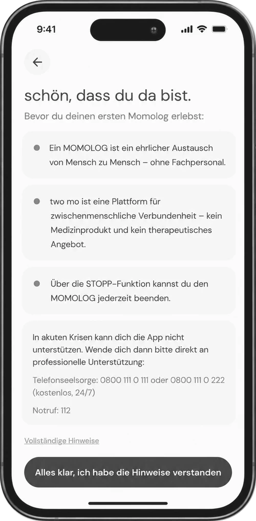 Notes before the first MOMOLOG: no professionals, not a medical product, stop function, crisis numbers.